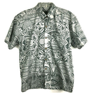 Tapa Shirt Mens Sz L Gray Black Tropical‎ Cotton Short Sleeve Button Up Hawaiian